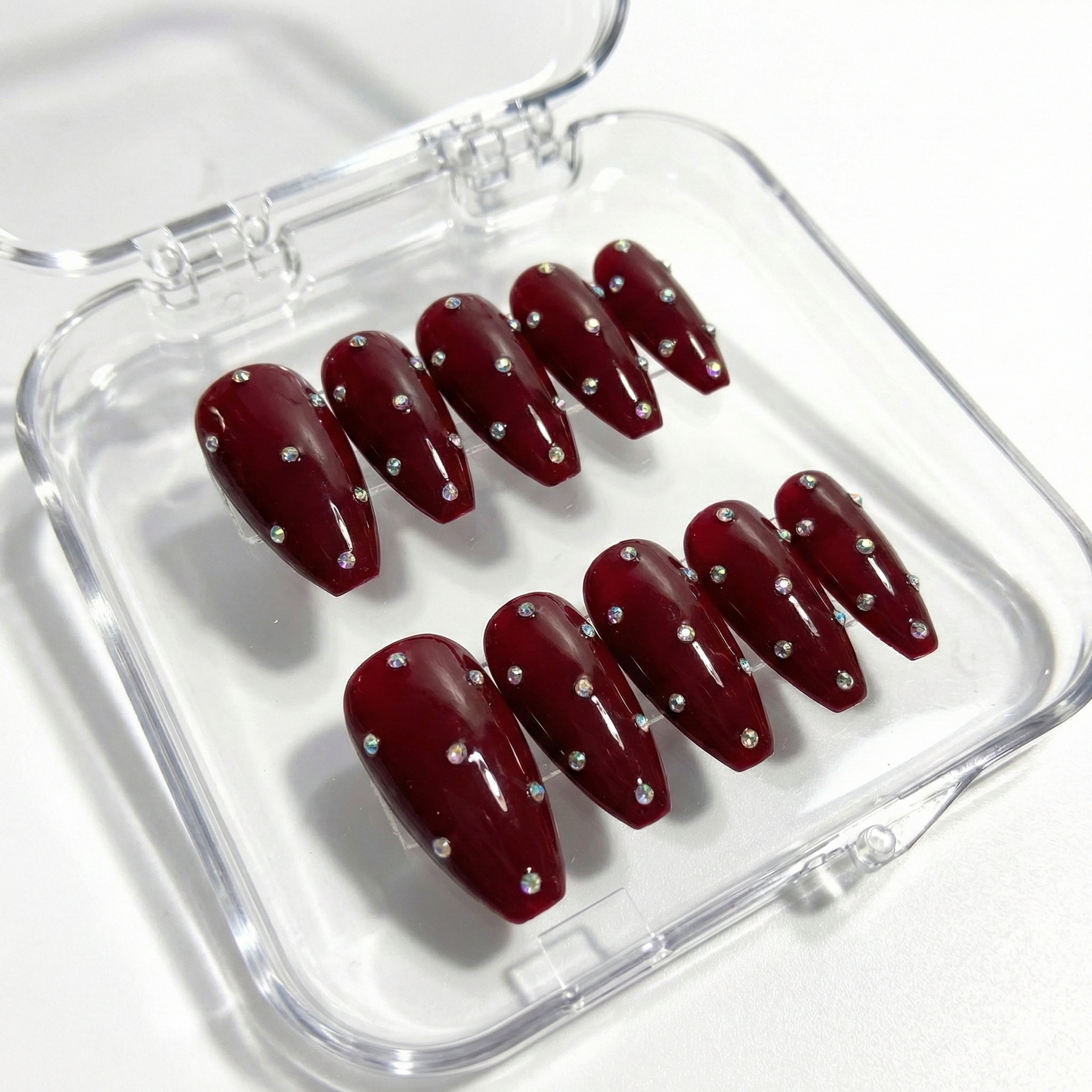 Deep Wine Red Rhinestone Press On Nails - Scattered Crystal Gem - Dark Burgundy Polka Dot - Luxury Baddie Gel - Custom Size Set - PN251219