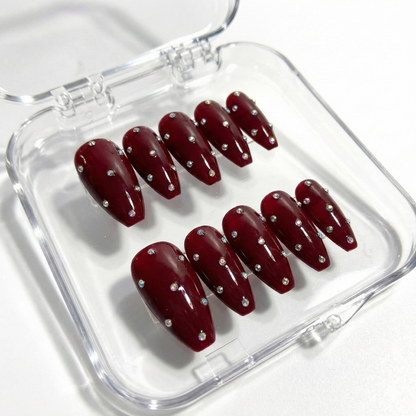 Deep Wine Red Rhinestone Press On Nails - Scattered Crystal Gem - Dark Burgundy Polka Dot - Luxury Baddie Gel - Custom Size Set - PN251219