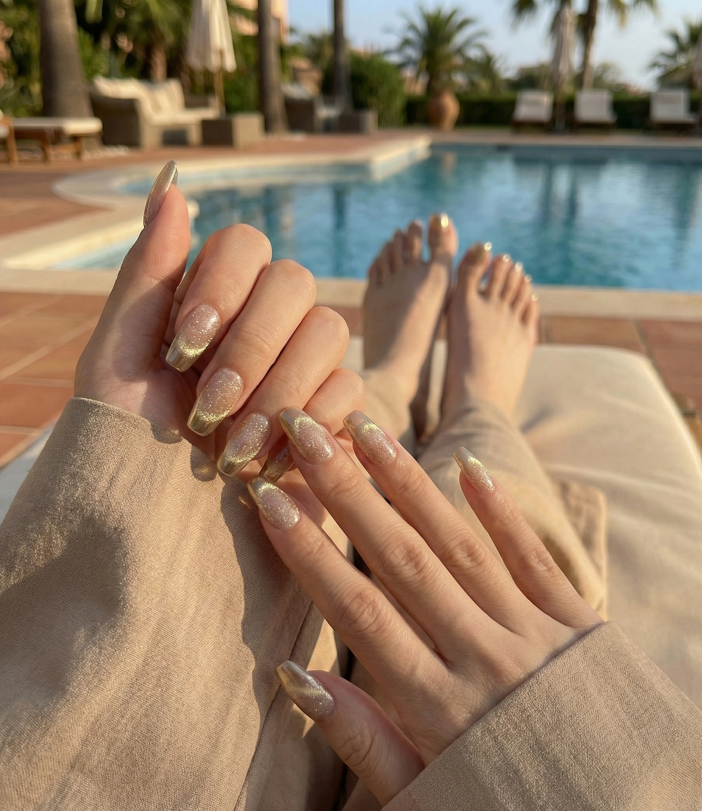 Gold Chrome French Tip Press On Nails - Champagne Velvet Cat Eye -  Golden Hour Wedding Guest - Custom Size Set - PN251114