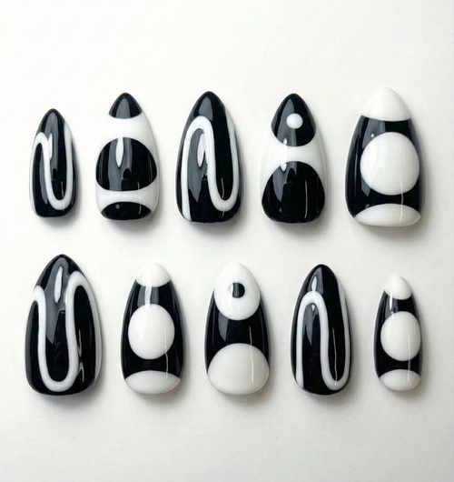 Black & White Abstract Press On Nails - Retro 60s Mod Swirls - Geometric Circle Op Art - Funky Graphic Gel Manicure - Custom Size Set - PN251184