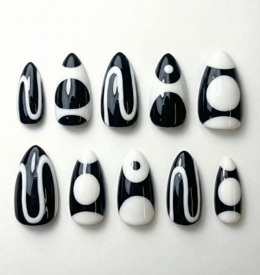 Black & White Abstract Press On Nails - Retro 60s Mod Swirls - Geometric Circle Op Art - Funky Graphic Gel Manicure - Custom Size Set - PN251184