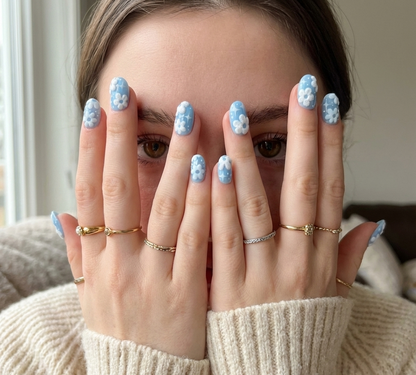 3D Fuzzy Flower Press On Nails - Baby Blue Flocked Velvet - White Star Cloud Art - Soft Girl Spring Winter Gel - Custom Size Set - PN251172