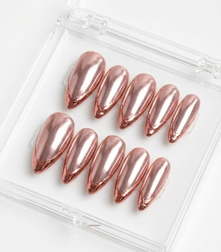 Rose Gold Chrome French Tip Press On Nails - Metallic Copper Mirror - Wedding Nails - Luxury Bridal Party - Custom Size Set - PN251174
