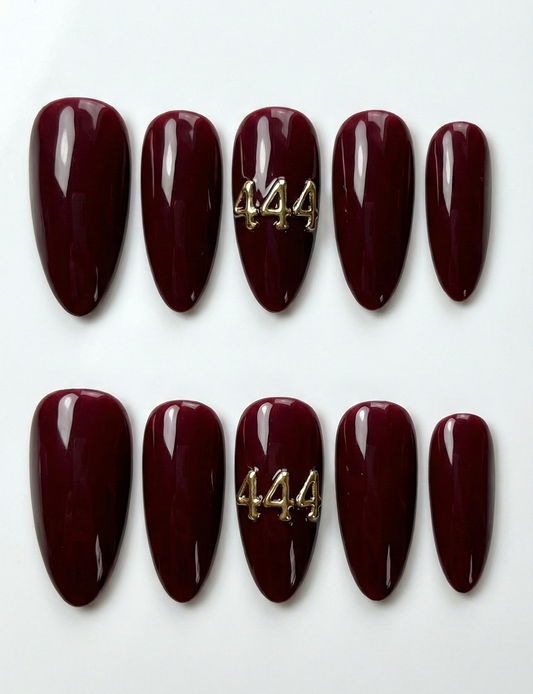 Dark Red 444 Angel Number Press On Nails - Gold Charm Detail -  Deep Burgundy Wine - Spiritual Manifestation - Custom Size Set - PN251214