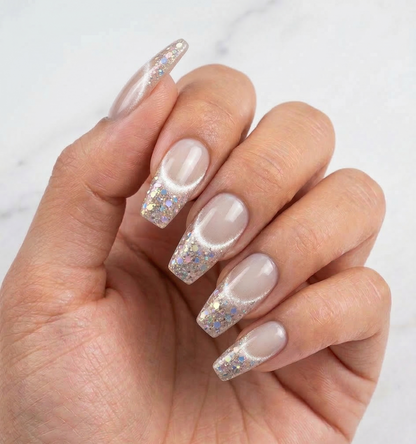 Rich Wife Nails Nude Silver Holographic Glitter, Velvet Cat Eye French Tip Set, Chunky Diamond Shimmer Reusable Nails, Personalized Gift - PN251336