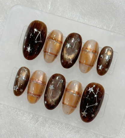 Brown Plaid & Celestial Star Press On Nails - Constellation Galaxy Art - Tartan Checkered - Cozy Fall Winter - Custom Size Set - PN251167
