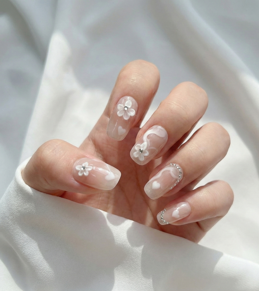 3D White Flower Press On Nails - Coquette Heart Swirls - Korean Soft Girl Aesthetic - Bridal Spring Manicure - Custom Size Set - PN251164