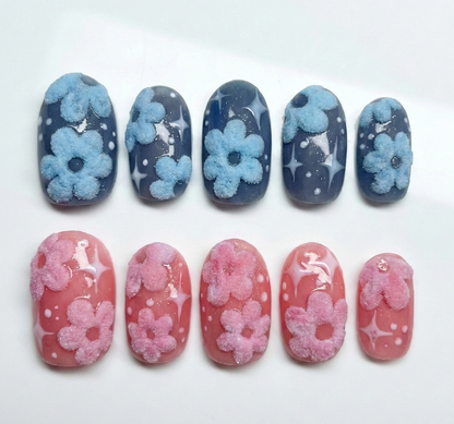 Mix Match Fuzzy Flower Press On Nails - Pink & Blue Mismatched - 3D Flocked Velvet - Coquette Soft Girl - Custom Size Set - PN251173