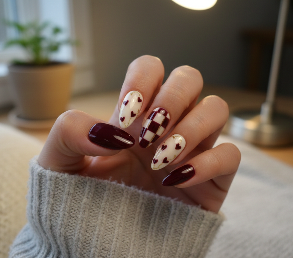 Burgundy Heart Press On Nails, Dark Red Checkered Nails, Gold Leaf Luxury Fake Nails, Deep Wine Reusable Nails, Pinneacle Nails - PN251293
