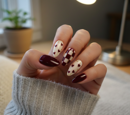 Burgundy Heart Press On Nails, Dark Red Checkered Nails, Gold Leaf Luxury Fake Nails, Deep Wine Reusable Nails, Pinneacle Nails - PN251293