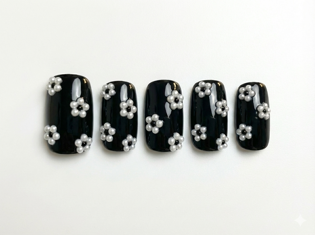 Black Pearl Flower Press On Nails - 3D White Daisy Charm - Old Money Aesthetic - Black and White Floral Gel - Custom Size Set - PN251181