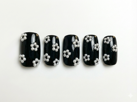 Black Pearl Flower Press On Nails - 3D White Daisy Charm - Old Money Aesthetic - Black and White Floral Gel - Custom Size Set - PN251181