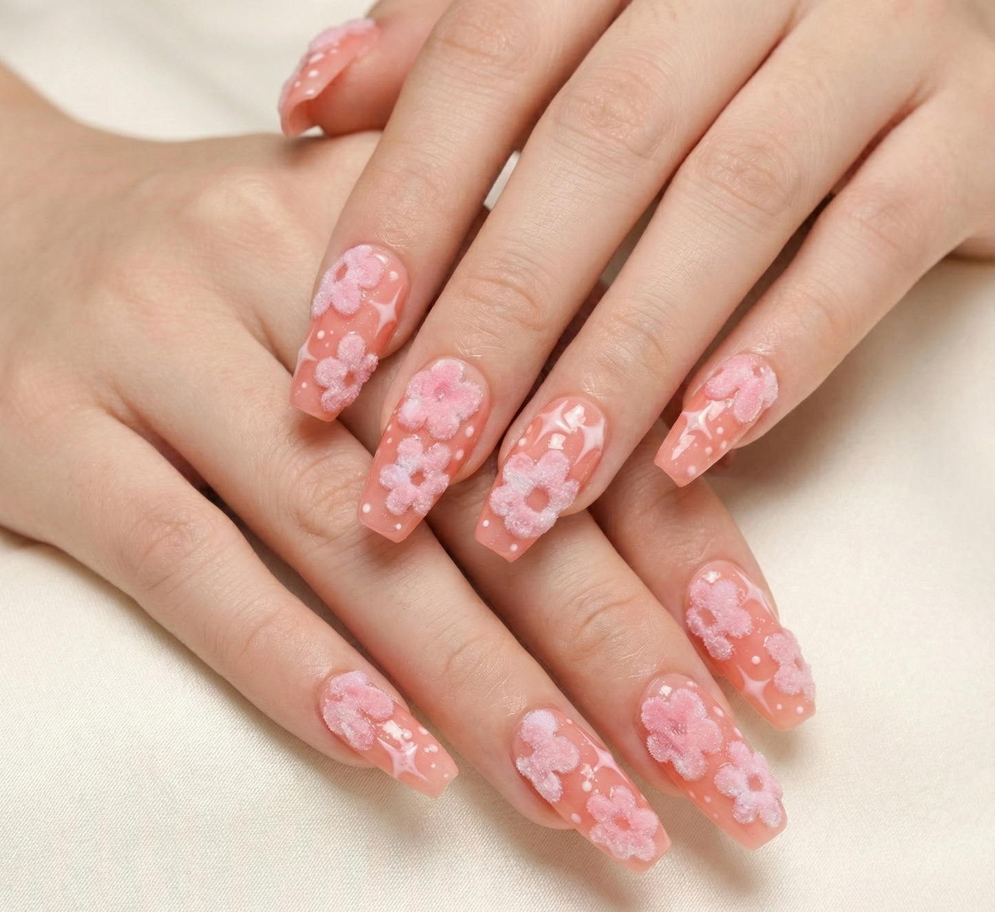 3D Fuzzy Pink Flower Press On Nails - Flocked Velvet Texture - Coral Jelly Star Art - Coquette Soft Girl Spring- Custom Size Set - PN251171