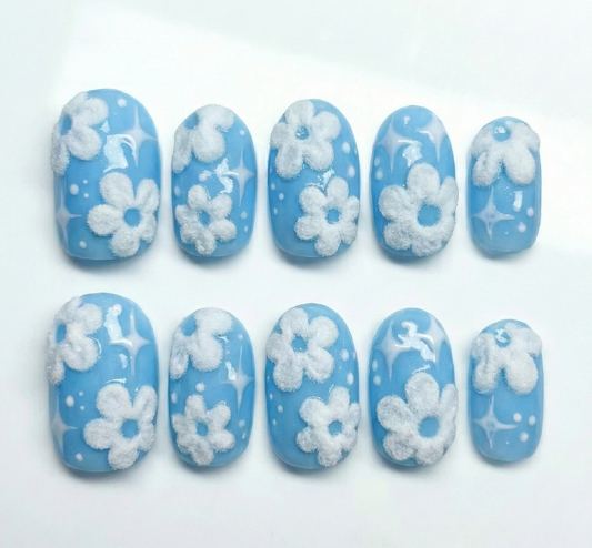 3D Fuzzy Flower Press On Nails - Baby Blue Flocked Velvet - White Star Cloud Art - Soft Girl Spring Winter Gel - Custom Size Set - PN251172