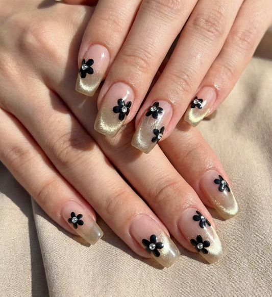 Gold Cat Eye French Ombre Press On Nails - Black Flower & Rhinestone - Champagne Velvet Nude - Coquette Old Money - Custom Size Set - PN251185