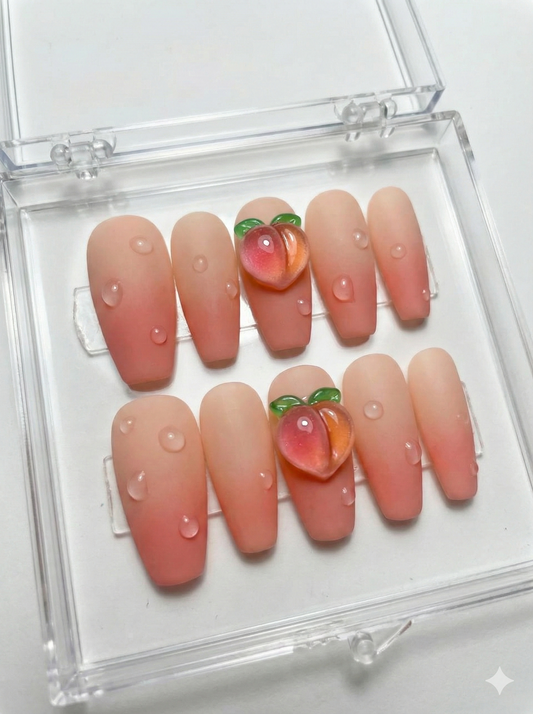 3D Peach Ombre Press On Nails - Matte Gradient Water Droplets - Juicy Fruit Charm - Soft Girl Wet Look Gel - Custom Size Set - PN251228