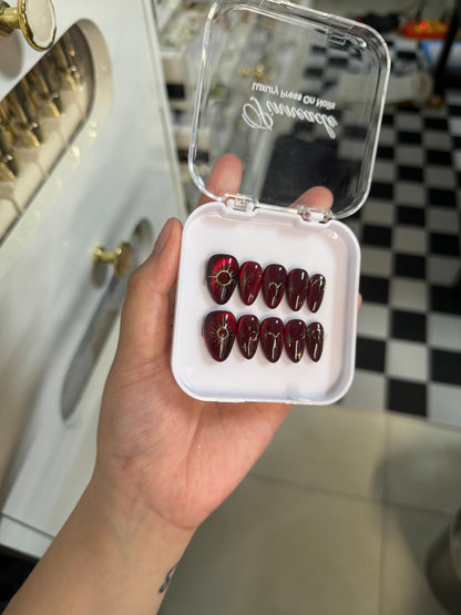 Aries Zodiac Nails Burgundy Cat Eye Press On, Red Gold Birthday Gift Theme Nails, Astrology Manicure, Fire Sign Nails, Handmade By Pinneacle - PN251327