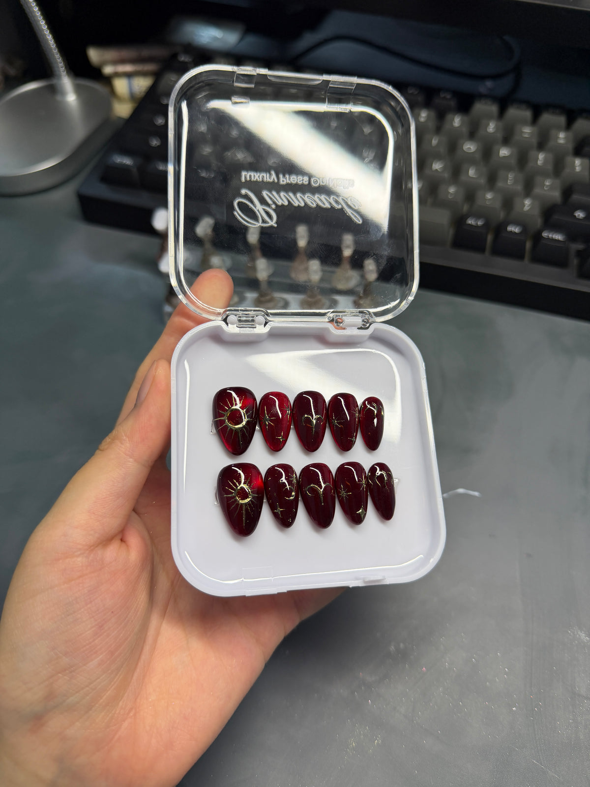 Aries Zodiac Nails Burgundy Cat Eye Press On, Red Gold Birthday Gift Theme Nails, Astrology Manicure, Fire Sign Nails, Handmade By Pinneacle - PN251327