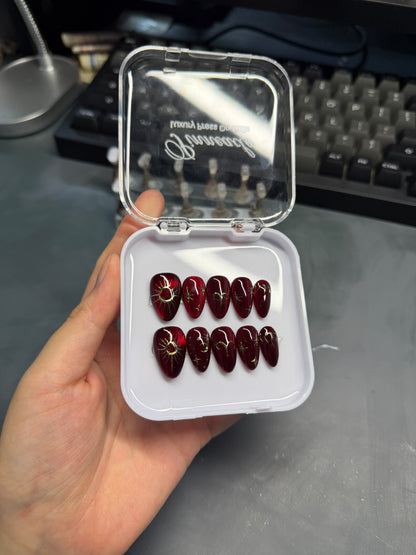 Aries Zodiac Nails Burgundy Cat Eye Press On, Red Gold Birthday Gift Theme Nails, Astrology Manicure, Fire Sign Nails, Handmade By Pinneacle - PN251327