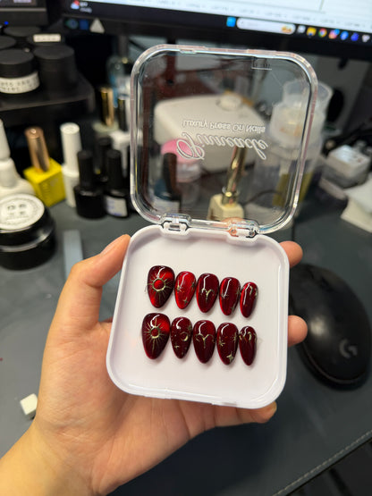 Aries Zodiac Nails Burgundy Cat Eye Press On, Red Gold Birthday Gift Theme Nails, Astrology Manicure, Fire Sign Nails, Handmade By Pinneacle - PN251327