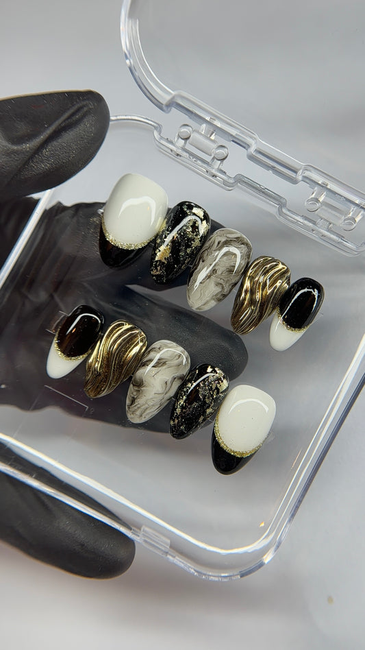 Black and White Marble Press On Nails - 3D Gold Chrome Liquid Metal - Abstract Foil Art - Modern Color Block - Custom Size Set - PN251220