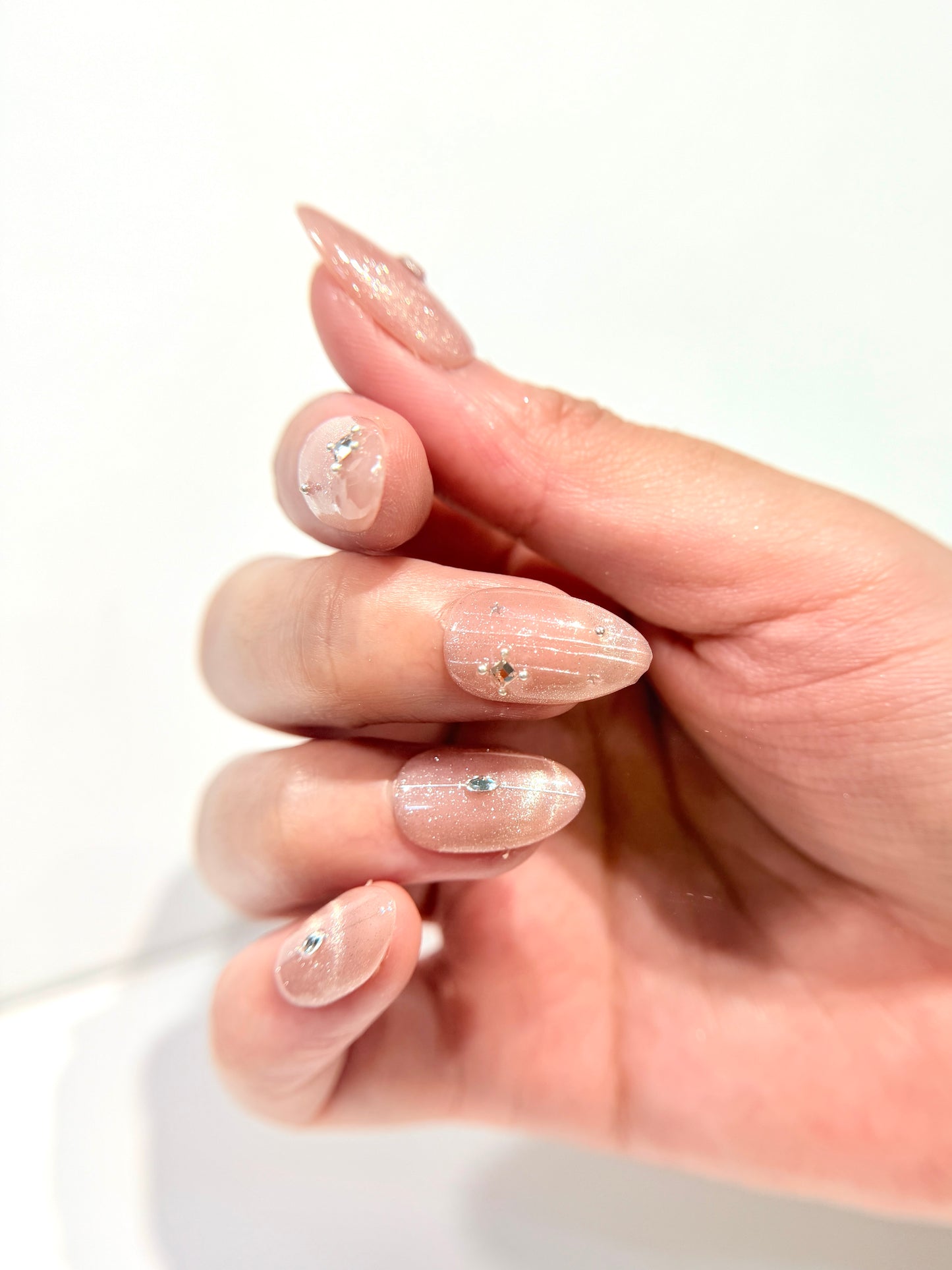 Engagement, Proposal, Wedding Press-On Nails -  Pink Cat Eye with Crystal Accents - Handmade Reusable Nail Set - Custom Size Set - DYT152008