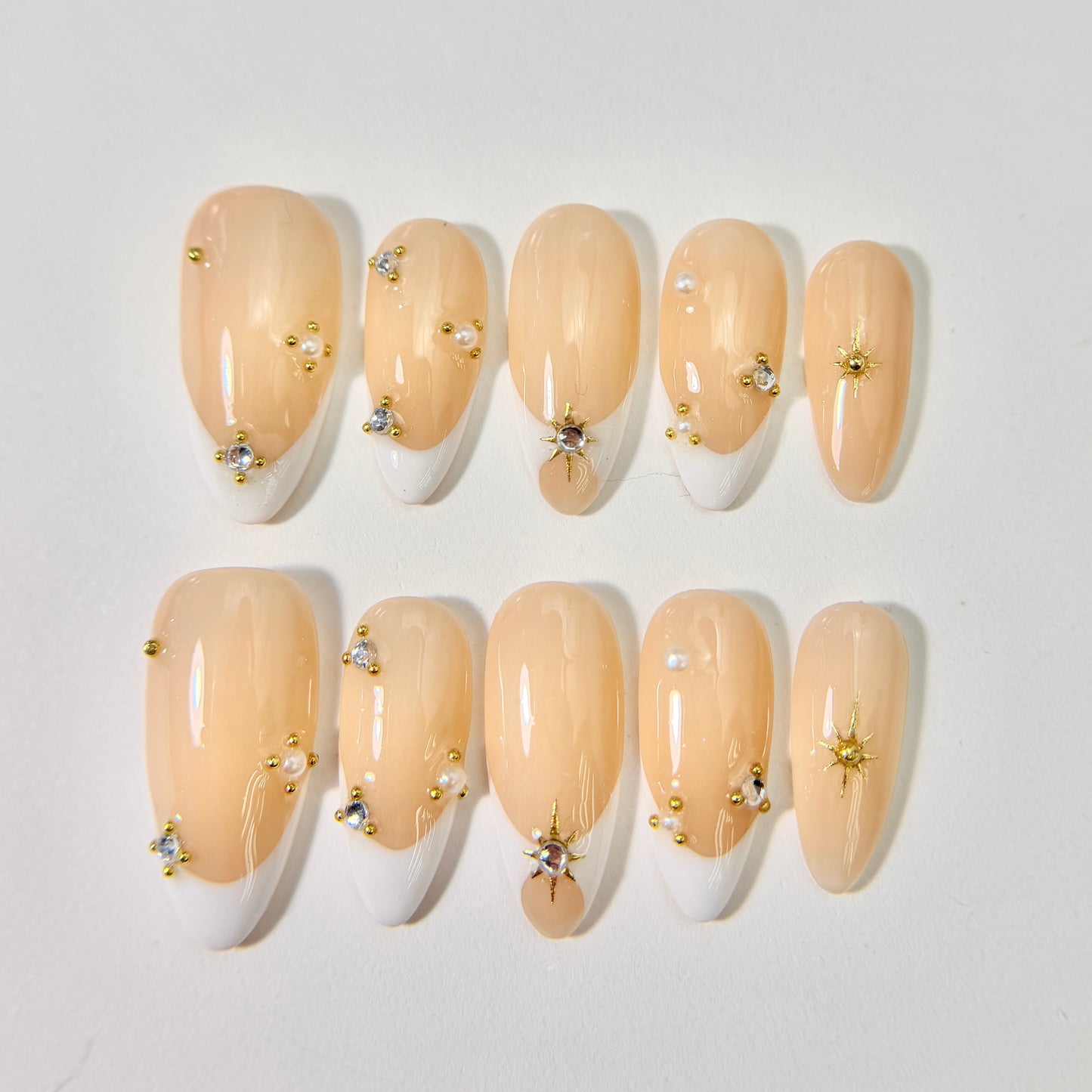 Nude French Tip Press On Nails with Gold Charms - Crystal Wedding - Handmade Nails - Pearl & Stud Accent Set - Brial Wedding Press On - Custom Size Set - NM233008