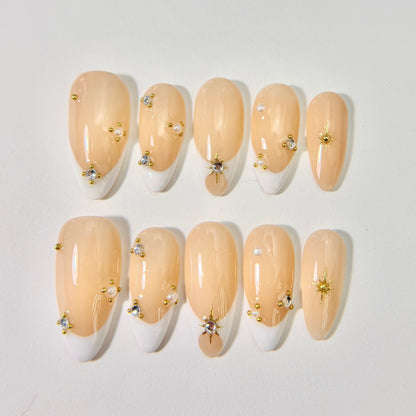 Nude French Tip Press On Nails with Gold Charms - Crystal Wedding - Handmade Nails - Pearl & Stud Accent Set - Brial Wedding Press On - Custom Size Set - NM233008