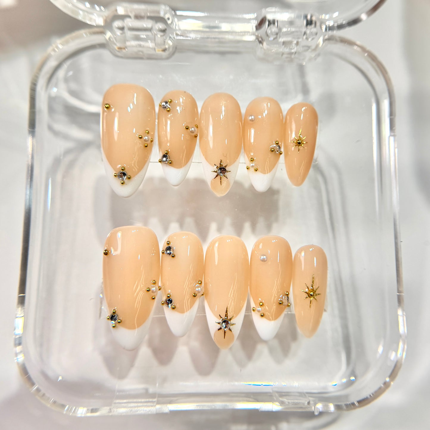 Nude French Tip Press On Nails with Gold Charms - Crystal Wedding - Handmade Nails - Pearl & Stud Accent Set - Brial Wedding Press On - Custom Size Set - NM233008