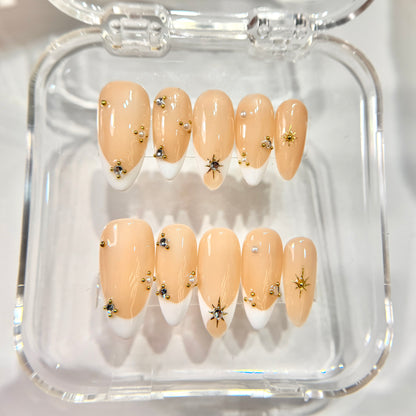 Nude French Tip Press On Nails with Gold Charms - Crystal Wedding - Handmade Nails - Pearl & Stud Accent Set - Brial Wedding Press On - Custom Size Set - NM233008