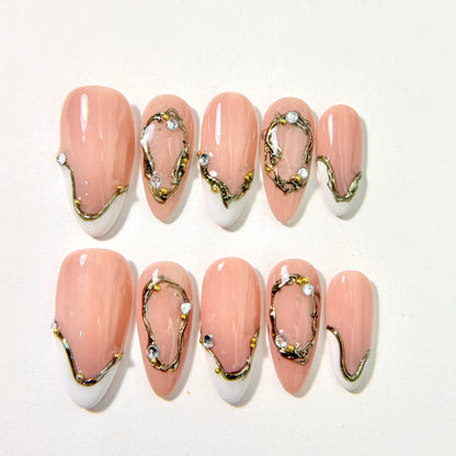 Nude Pink 3D Gold Frame Press On Nails - Crystals Engagement Nails - Brial Wedding Press On Nails - Custom Size Set - NM233009