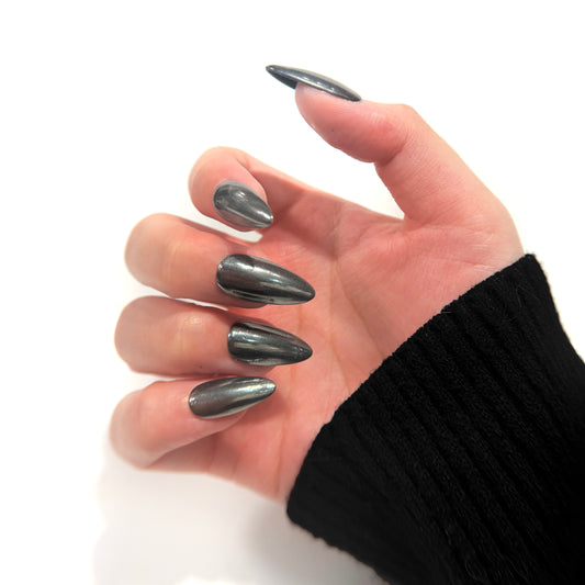 Gunmetal Chrome Press On Nails - Metallic Black Gel Nails - Party Nails - Custom Size Set - NM233010