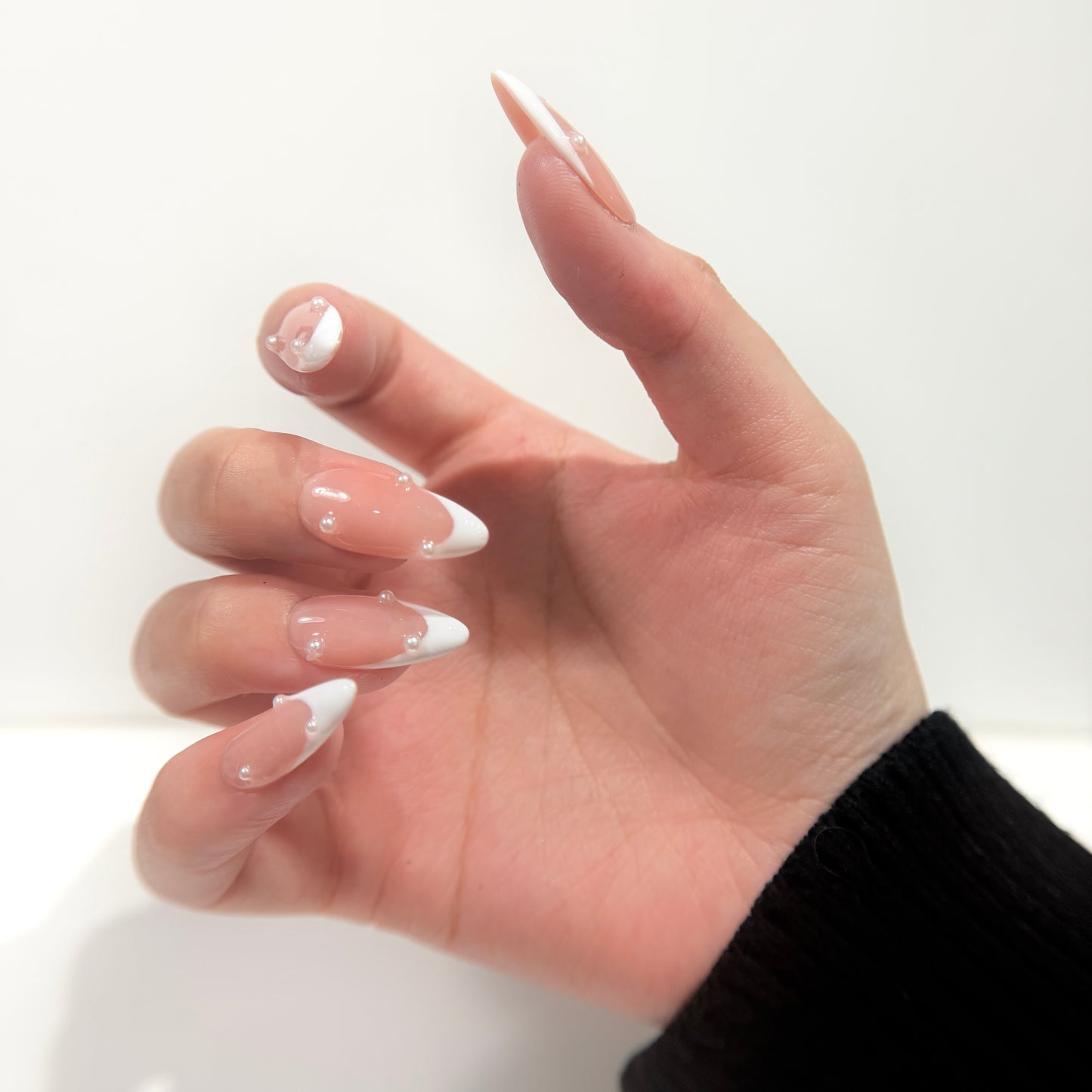 Nude Jelly Pearl French Tip Press On Nails - 3D Pearl Drops - Engagement Nails - Brial Wedding Press On - Custom Size Set - NM233007