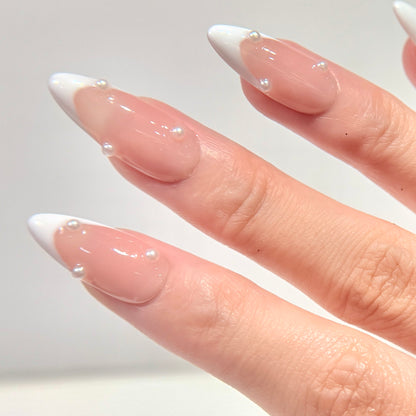 Nude Jelly Pearl French Tip Press On Nails - 3D Pearl Drops - Engagement Nails - Brial Wedding Press On - Custom Size Set - NM233007