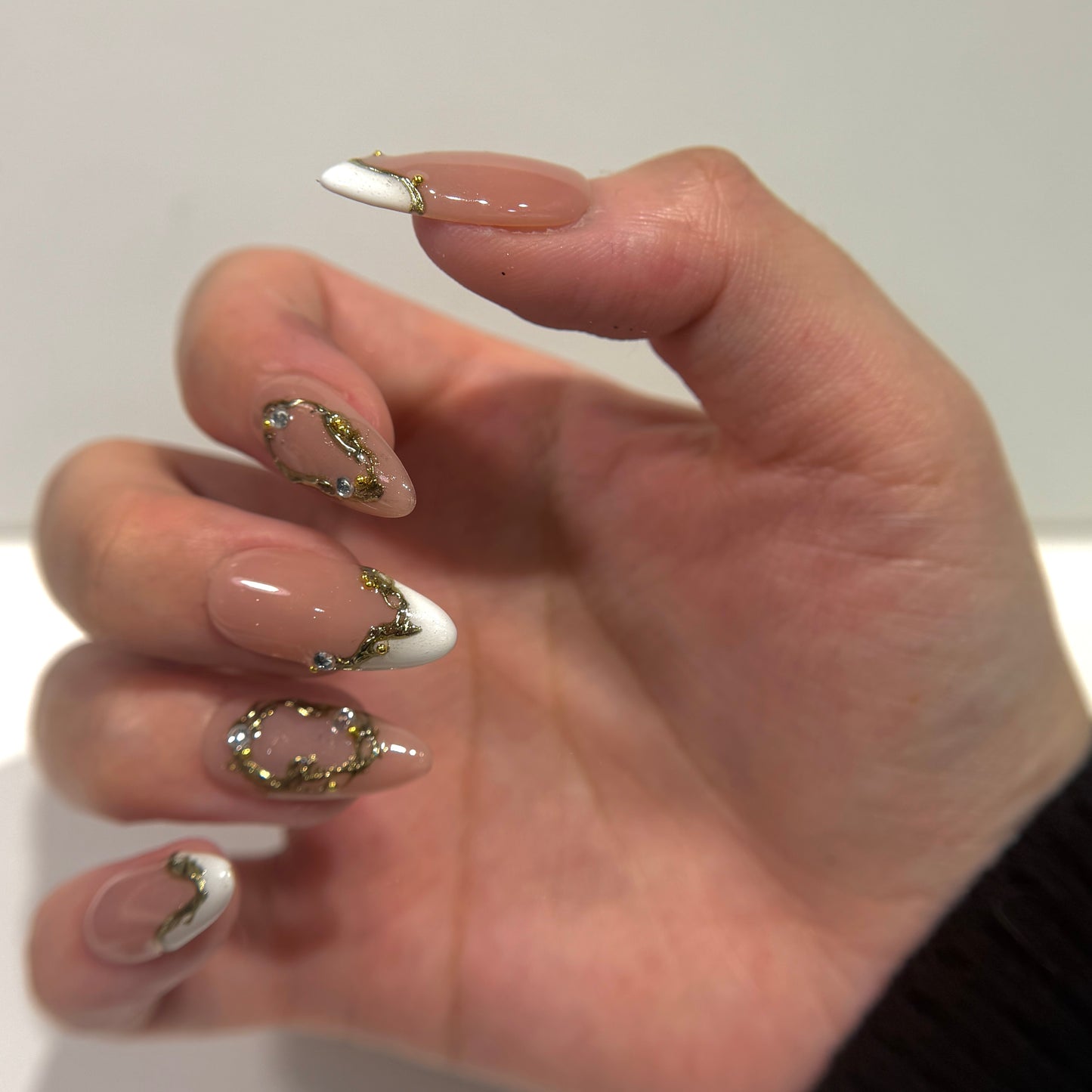 Nude Pink 3D Gold Frame Press On Nails - Crystals Engagement Nails - Brial Wedding Press On Nails - Custom Size Set - NM233009