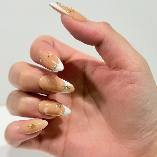 Nude French Tip Press On Nails with Gold Charms - Crystal Wedding - Handmade Nails - Pearl & Stud Accent Set - Brial Wedding Press On - Custom Size Set - NM233008
