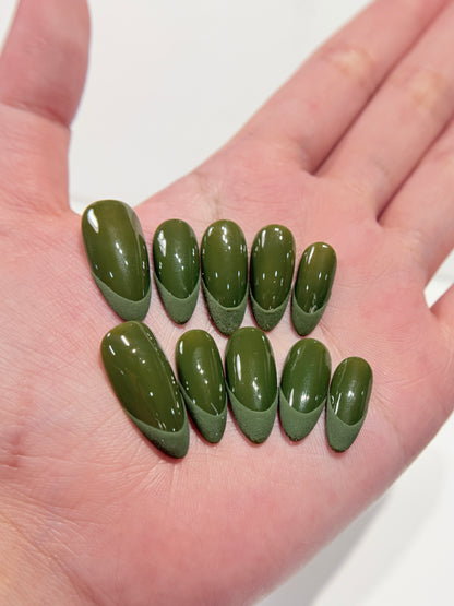 Olive Green Press On Nails - Matte & Glossy French Tip - Dark Moss Velvet Texture - Minimalist Earthy Almond - Fall Autumn Gel Manicure - Custom Size Set - NM233021