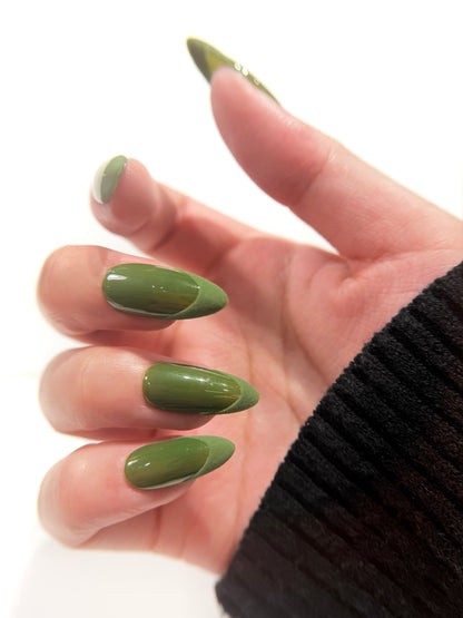 Olive Green Press On Nails - Matte & Glossy French Tip - Dark Moss Velvet Texture - Minimalist Earthy Almond - Fall Autumn Gel Manicure - Custom Size Set - NM233021