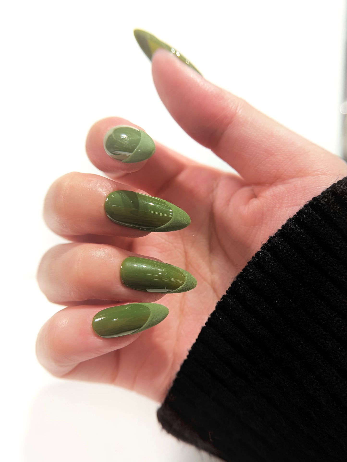 Olive Green Press On Nails - Matte & Glossy French Tip - Dark Moss Velvet Texture - Minimalist Earthy Almond - Fall Autumn Gel Manicure - Custom Size Set - NM233021