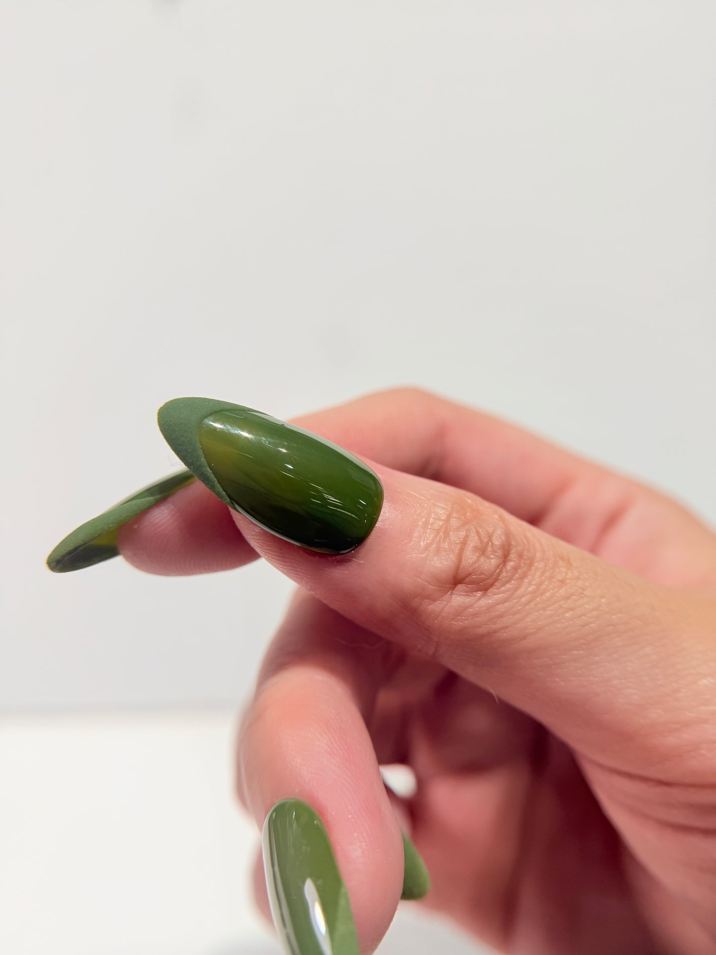 Olive Green Press On Nails - Matte & Glossy French Tip - Dark Moss Velvet Texture - Minimalist Earthy Almond - Fall Autumn Gel Manicure - Custom Size Set - NM233021