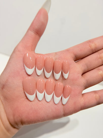 French Tip Press On Nails - Nude Pink Handmade Nails - Luxury Old Money Look Nails - Classic White Tip Press Ons - Custom Size Set - NM233004