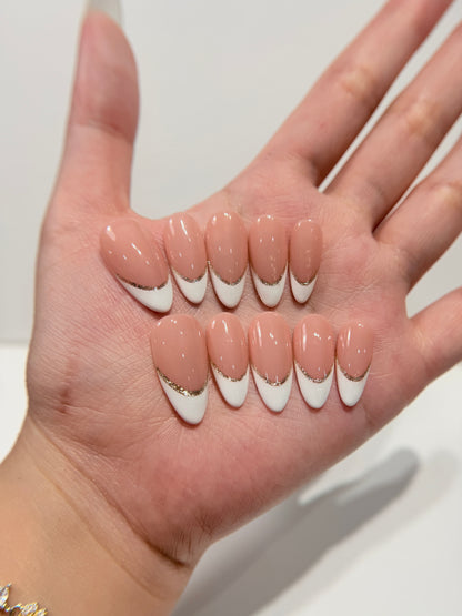 French Tip Press On Nails - Nude Pink with White Tips - Luxury Old Money Handmade Nails - Reusable Natural Salon Nails - Custom Size Set