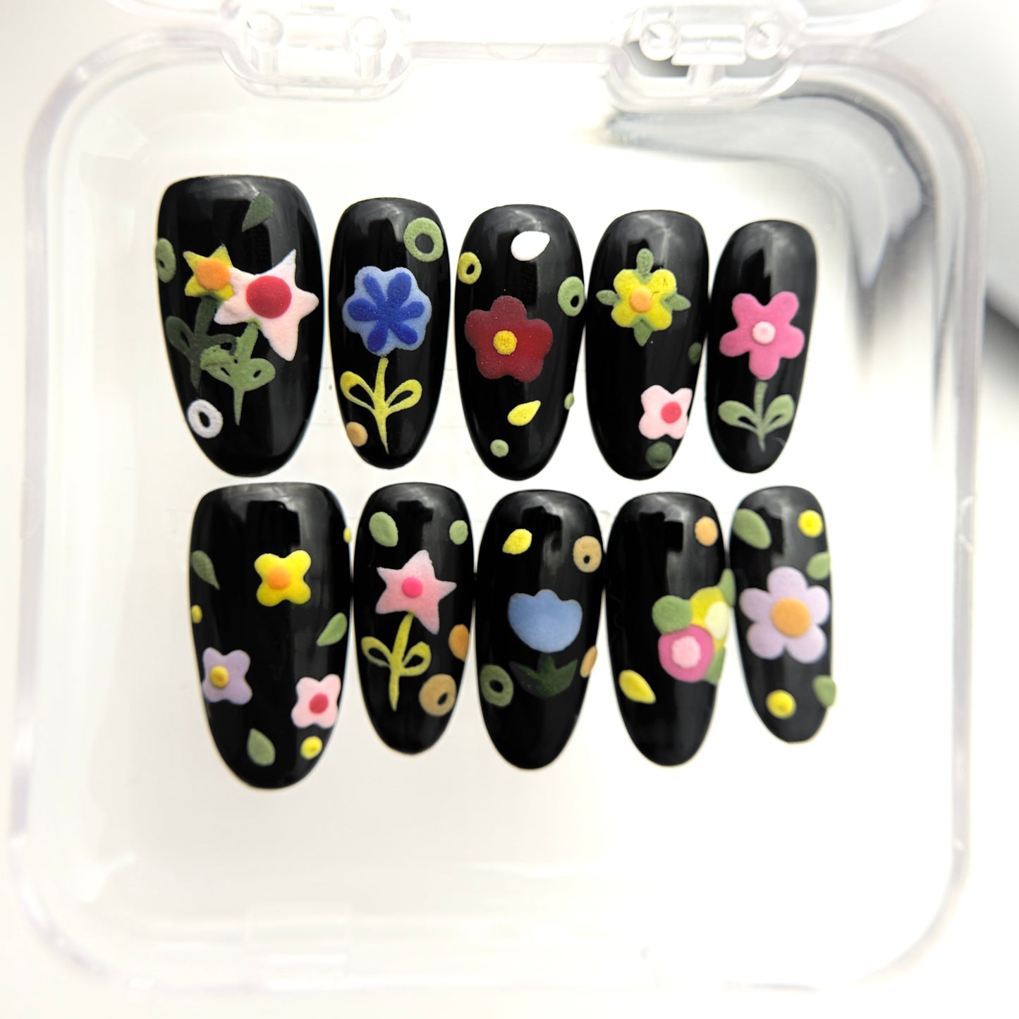 Black Floral Press On Nails - Hand-Painted 3D Flower Nails - Colourful Cartoon Spring Nails - Korean Style Nails - Custom Size Set - NM233022