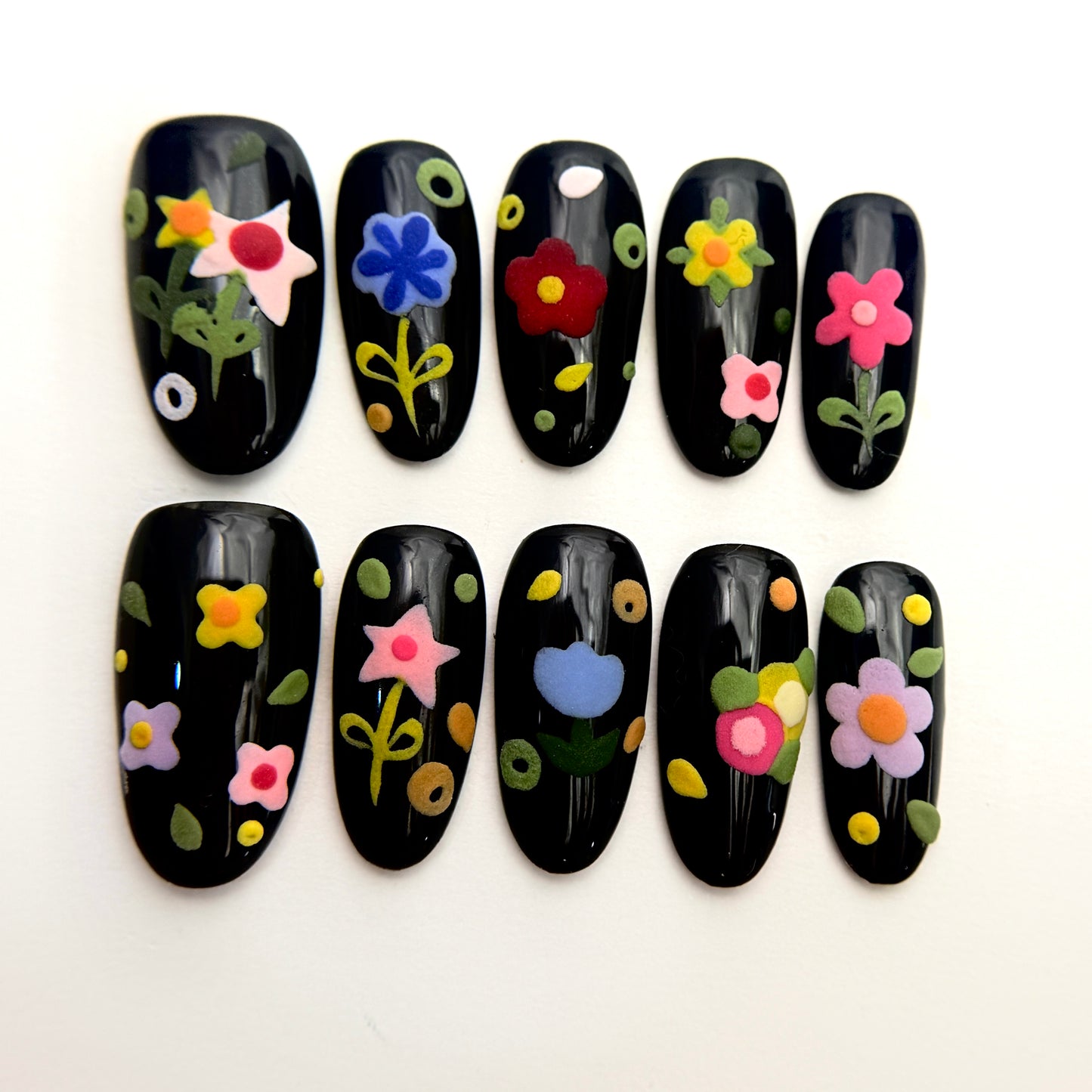 Black Floral Press On Nails - Hand-Painted 3D Flower Nails - Colourful Cartoon Spring Nails - Korean Style Nails - Custom Size Set - NM233022