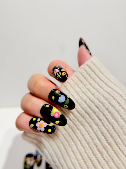 Black Floral Press On Nails - Hand-Painted 3D Flower Nails - Colourful Cartoon Spring Nails - Korean Style Nails - Custom Size Set - NM233022