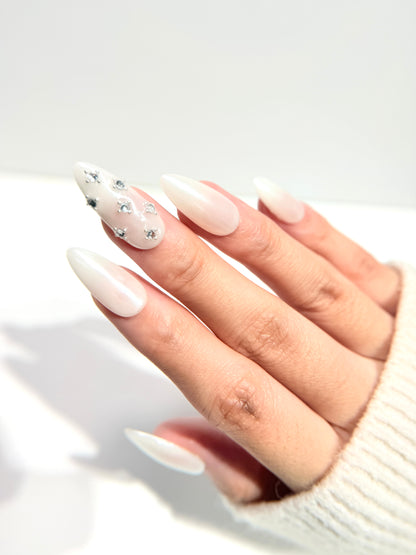 Pearl White Chrome Press On Nails - Bridal Nails with Rhinestones - Engagement Luxury Old Money Look - Custom Size Set - NM233011
