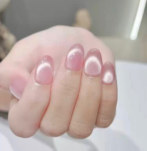 Pink Cat Eye Basic Press On Nails - Soft Pink Shimmer Gel Nails - Korean Style Nail  - Custom Size Set - NM233028