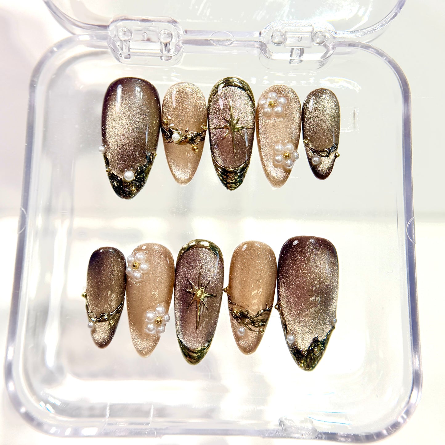 Chocolate Gold Press On Nails - Cat Eye Shimmer with Pearls & Stars  - Vintage Luxury Old Money Style Nails - Custom Size Set - PN251113