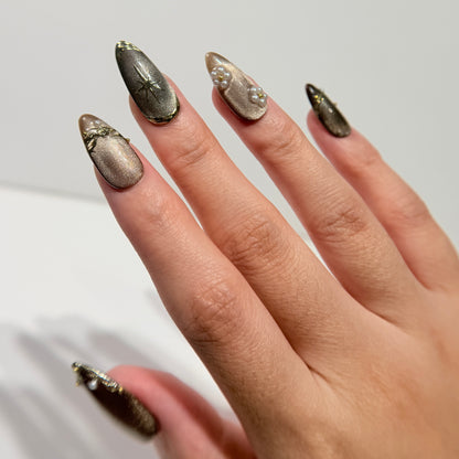 Chocolate Gold Press On Nails - Cat Eye Shimmer with Pearls & Stars  - Vintage Luxury Old Money Style Nails - Custom Size Set - PN251113
