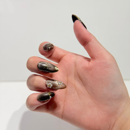 Chocolate Gold Press On Nails - Cat Eye Shimmer with Pearls & Stars  - Vintage Luxury Old Money Style Nails - Custom Size Set - PN251113